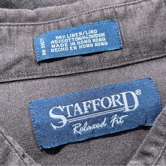 Stafford Linen Blend Relaxed Fit Black Button Up Short Sleeve Shirt XLT - Picture 8 of 10